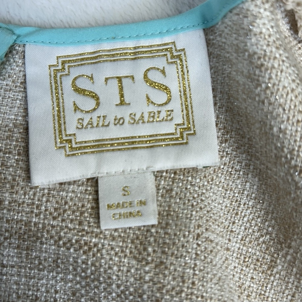 SAIL AND SABLE Sea To Sand Shift Dress Beige w/ Turquoise Trim Gold Shimmer Sz S - Picture 6 of 7